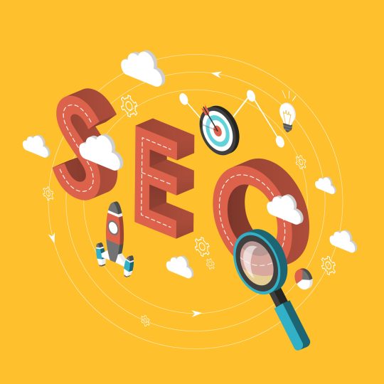 38916343 - seo concept 3d isometric infographic over yellow background